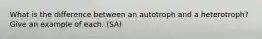 What is the difference between an autotroph and a heterotroph? Give an example of each. (SA)
