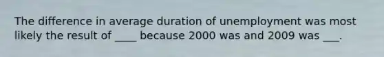 The difference in average duration of unemployment was most likely the result of ____ because 2000 was and 2009 was ___.