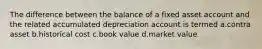 The difference between the balance of a fixed asset account and the related accumulated depreciation account is termed a.contra asset b.historical cost c.book value d.market value