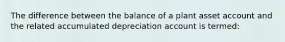 The difference between the balance of a plant asset account and the related accumulated depreciation account is termed: