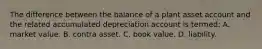 The difference between the balance of a plant asset account and the related accumulated depreciation account is termed: A. market value. B. contra asset. C. book value. D. liability.