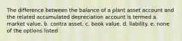 The difference between the balance of a plant asset account and the related accumulated depreciation account is termed a. market value. b. contra asset. c. book value. d. liability. e. none of the options listed