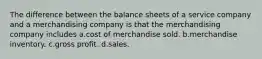 The difference between the balance sheets of a service company and a merchandising company is that the merchandising company includes a.cost of merchandise sold. b.merchandise inventory. c.gross profit. d.sales.