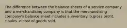 The difference between the balance sheets of a service company and a merchandising company is that the merchandising company's balance sheet includes a.inventory. b.gross profit. c.sales. d.cost of goods sold.