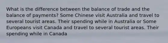 What is the difference between the balance of trade and the balance of​ payments? Some Chinese visit Australia and travel to several tourist areas. Their spending while in Australia or Some Europeans visit Canada and travel to several tourist areas. Their spending while in Canada