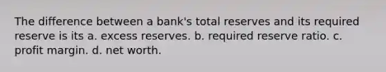 The difference between a bank's total reserves and its required reserve is its a. excess reserves. b. required reserve ratio. c. profit margin. d. net worth.