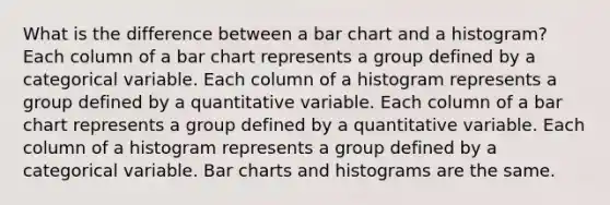 What is the difference between a bar chart and a histogram? Each column of a bar chart represents a group defined by a categorical variable. Each column of a histogram represents a group defined by a quantitative variable. Each column of a bar chart represents a group defined by a quantitative variable. Each column of a histogram represents a group defined by a categorical variable. Bar charts and histograms are the same.