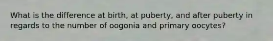 What is the difference at birth, at puberty, and after puberty in regards to the number of oogonia and primary oocytes?