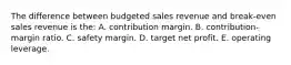 The difference between budgeted sales revenue and break-even sales revenue is the: A. contribution margin. B. contribution-margin ratio. C. safety margin. D. target net profit. E. operating leverage.