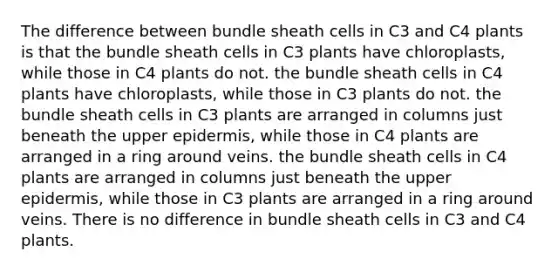 The difference between bundle sheath cells in C3 and C4 plants is that the bundle sheath cells in C3 plants have chloroplasts, while those in C4 plants do not. the bundle sheath cells in C4 plants have chloroplasts, while those in C3 plants do not. the bundle sheath cells in C3 plants are arranged in columns just beneath the upper epidermis, while those in C4 plants are arranged in a ring around veins. the bundle sheath cells in C4 plants are arranged in columns just beneath the upper epidermis, while those in C3 plants are arranged in a ring around veins. There is no difference in bundle sheath cells in C3 and C4 plants.