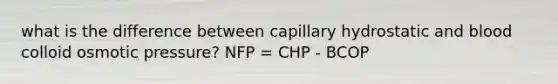 what is the difference between capillary hydrostatic and blood colloid osmotic pressure? NFP = CHP - BCOP