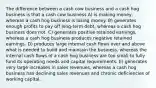 The difference between a cash cow business and a cash hog business is that a cash cow business A) is making money, whereas a cash hog business is losing money. B) generates enough profits to pay off long-term debt, whereas a cash hog business does not. C) generates positive retained earnings, whereas a cash hog business produces negative retained earnings. D) produces large internal cash flows over and above what is needed to build and maintain the business, whereas the internal cash flows of a cash hog business are too small to fully fund its operating needs and capital requirements. E) generates very large increases in sales revenues, whereas a cash hog business has declining sales revenues and chronic deficiencies of working capital.