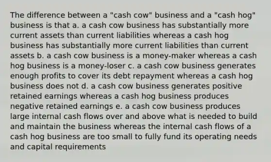 The difference between a "cash cow" business and a "cash hog" business is that a. a cash cow business has substantially more current assets than current liabilities whereas a cash hog business has substantially more current liabilities than current assets b. a cash cow business is a money-maker whereas a cash hog business is a money-loser c. a cash cow business generates enough profits to cover its debt repayment whereas a cash hog business does not d. a cash cow business generates positive retained earnings whereas a cash hog business produces negative retained earnings e. a cash cow business produces large internal cash flows over and above what is needed to build and maintain the business whereas the internal cash flows of a cash hog business are too small to fully fund its operating needs and capital requirements