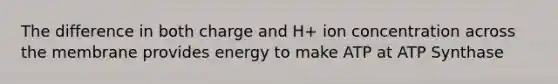 The difference in both charge and H+ ion concentration across the membrane provides energy to make ATP at ATP Synthase