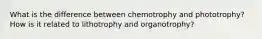 What is the difference between chemotrophy and phototrophy? How is it related to lithotrophy and organotrophy?