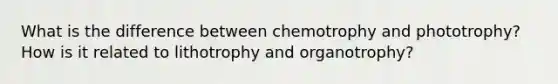 What is the difference between chemotrophy and phototrophy? How is it related to lithotrophy and organotrophy?