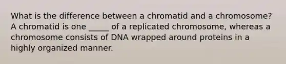 What is the difference between a chromatid and a chromosome? A chromatid is one _____ of a replicated chromosome, whereas a chromosome consists of DNA wrapped around proteins in a highly organized manner.