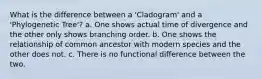 What is the difference between a 'Cladogram' and a 'Phylogenetic Tree'? a. One shows actual time of divergence and the other only shows branching order. b. One shows the relationship of common ancestor with modern species and the other does not. c. There is no functional difference between the two.