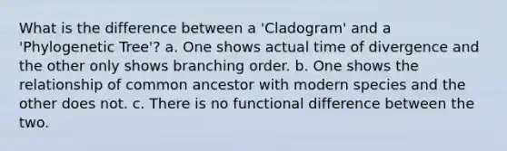 What is the difference between a 'Cladogram' and a 'Phylogenetic Tree'? a. One shows actual time of divergence and the other only shows branching order. b. One shows the relationship of common ancestor with modern species and the other does not. c. There is no functional difference between the two.