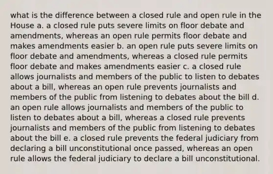 what is the difference between a closed rule and open rule in the House a. a closed rule puts severe limits on floor debate and amendments, whereas an open rule permits floor debate and makes amendments easier b. an open rule puts severe limits on floor debate and amendments, whereas a closed rule permits floor debate and makes amendments easier c. a closed rule allows journalists and members of the public to listen to debates about a bill, whereas an open rule prevents journalists and members of the public from listening to debates about the bill d. an open rule allows journalists and members of the public to listen to debates about a bill, whereas a closed rule prevents journalists and members of the public from listening to debates about the bill e. a closed rule prevents the federal judiciary from declaring a bill unconstitutional once passed, whereas an open rule allows the federal judiciary to declare a bill unconstitutional.