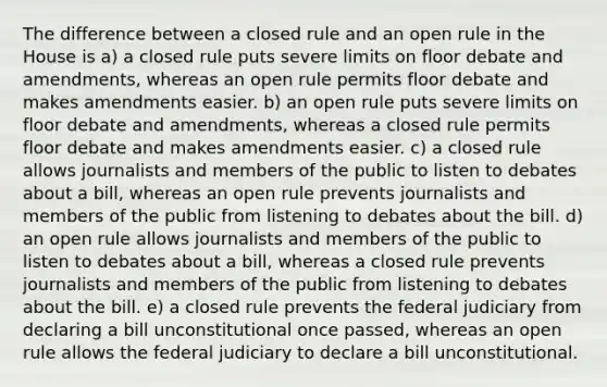 The difference between a closed rule and an open rule in the House is a) a closed rule puts severe limits on floor debate and amendments, whereas an open rule permits floor debate and makes amendments easier. b) an open rule puts severe limits on floor debate and amendments, whereas a closed rule permits floor debate and makes amendments easier. c) a closed rule allows journalists and members of the public to listen to debates about a bill, whereas an open rule prevents journalists and members of the public from listening to debates about the bill. d) an open rule allows journalists and members of the public to listen to debates about a bill, whereas a closed rule prevents journalists and members of the public from listening to debates about the bill. e) a closed rule prevents the federal judiciary from declaring a bill unconstitutional once passed, whereas an open rule allows the federal judiciary to declare a bill unconstitutional.