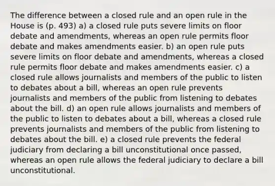 The difference between a closed rule and an open rule in the House is (p. 493) a) a closed rule puts severe limits on floor debate and amendments, whereas an open rule permits floor debate and makes amendments easier. b) an open rule puts severe limits on floor debate and amendments, whereas a closed rule permits floor debate and makes amendments easier. c) a closed rule allows journalists and members of the public to listen to debates about a bill, whereas an open rule prevents journalists and members of the public from listening to debates about the bill. d) an open rule allows journalists and members of the public to listen to debates about a bill, whereas a closed rule prevents journalists and members of the public from listening to debates about the bill. e) a closed rule prevents the federal judiciary from declaring a bill unconstitutional once passed, whereas an open rule allows the federal judiciary to declare a bill unconstitutional.