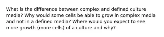 What is the difference between complex and defined culture media? Why would some cells be able to grow in complex media and not in a defined media? Where would you expect to see more growth (more cells) of a culture and why?