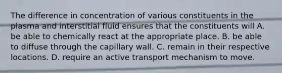 The difference in concentration of various constituents in the plasma and interstitial fluid ensures that the constituents will A. be able to chemically react at the appropriate place. B. be able to diffuse through the capillary wall. C. remain in their respective locations. D. require an active transport mechanism to move.