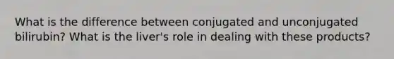 What is the difference between conjugated and unconjugated bilirubin? What is the liver's role in dealing with these products?