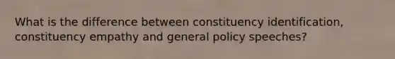 What is the difference between constituency identification, constituency empathy and general policy speeches?