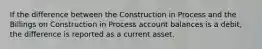 If the difference between the Construction in Process and the Billings on Construction in Process account balances is a debit, the difference is reported as a current asset.