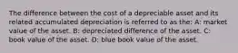 The difference between the cost of a depreciable asset and its related accumulated depreciation is referred to as the: A: market value of the asset. B: depreciated difference of the asset. C: book value of the asset. D: blue book value of the asset.