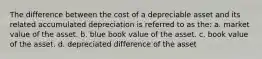 The difference between the cost of a depreciable asset and its related accumulated depreciation is referred to as the: a. market value of the asset. b. blue book value of the asset. c. book value of the asset. d. depreciated difference of the asset