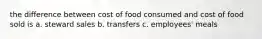 the difference between cost of food consumed and cost of food sold is a. steward sales b. transfers c. employees' meals