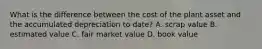 What is the difference between the cost of the plant asset and the accumulated depreciation to date? A. scrap value B. estimated value C. fair market value D. book value