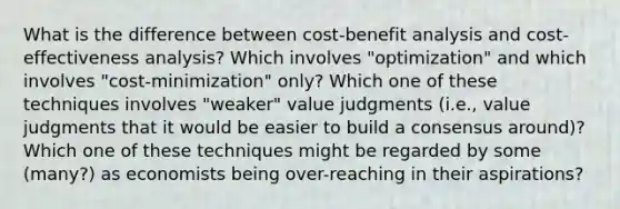 What is the difference between cost-benefit analysis and cost-effectiveness analysis? Which involves "optimization" and which involves "cost-minimization" only? Which one of these techniques involves "weaker" value judgments (i.e., value judgments that it would be easier to build a consensus around)? Which one of these techniques might be regarded by some (many?) as economists being over-reaching in their aspirations?