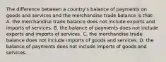 The difference between a country's balance of payments on goods and services and the merchandise trade balance is that: A. the merchandise trade balance does not include exports and imports of services. B. the balance of payments does not include exports and imports of services. C. the merchandise trade balance does not include imports of goods and services. D. the balance of payments does not include imports of goods and services.