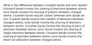 What is the difference between covalent bonds and ionic bonds? Covalent bonds involve the sharing of electrons between atoms; ionic bonds involve the sharing of protons between charged atoms. Covalent bonds require carbon whereas ionic bonds do not. Covalent bonds involve the transfer of electrons between charged atoms; ionic bonds involve the sharing of electrons between atoms. Covalent bonds involve the sharing of pairs of electrons between atoms; ionic bonds involve the sharing of single electrons between atoms. Covalent bonds involve the sharing of electrons between atoms; ionic bonds involve the electrical attraction between charged atoms.