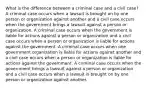 What is the difference between a criminal case and a civil case? A criminal case occurs when a lawsuit is brought on by one person or organization against another and a civil case occurs when the government brings a lawsuit against a person or organization. A criminal case occurs when the government is liable for actions against a person or organization and a civil case occurs when a person or organization is liable for actions against the government. A criminal case occurs when one government organization is liable for actions against another and a civil case occurs when a person or organization is liable for actions against the government. A criminal case occurs when the government brings a lawsuit against a person or organization and a civil case occurs when a lawsuit is brought on by one person or organization against another.