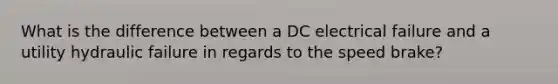 What is the difference between a DC electrical failure and a utility hydraulic failure in regards to the speed brake?