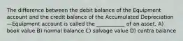 The difference between the debit balance of the Equipment account and the credit balance of the Accumulated Depreciation—Equipment account is called the ___________ of an asset. A) book value B) normal balance C) salvage value D) contra balance