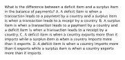 What is the difference between a deficit item and a surplus item in the balance of​ payments? A. A deficit item is when a transaction leads to a payment by a country and a surplus item is when a transaction leads to a receipt by a country. B. A surplus item is when a transaction leads to a payment by a country and a deficit item is when a transaction leads to a receipt by a country. C. A deficit item is when a country exports more than it imports while a surplus item is when a country imports more than it exports. D. A deficit item is when a country imports more than it exports while a surplus item is when a country exports more than it imports.