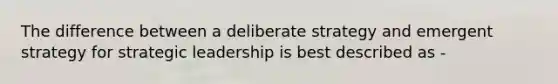 The difference between a deliberate strategy and emergent strategy for strategic leadership is best described as -