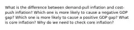 What is the difference between demand-pull inflation and cost-push inflation? Which one is more likely to cause a negative GDP gap? Which one is more likely to cause a positive GDP gap? What is core inflation? Why do we need to check core inflation?