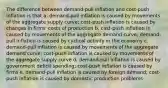 The difference between demand-pull inflation and cost-push inflation is that a. demand-pull inflation is caused by movements of the aggregate supply curve; cost-push inflation is caused by changes in firms' costs of production b. cost-push inflation is caused by movements of the aggregate demand curve; demand-pull inflation is caused by cyclical activity in the economy c. demand-pull inflation is caused by movements of the aggregate demand curve; cost-push inflation is caused by movements of the aggregate supply curve d. demand-pull inflation is caused by government deficit spending; cost-push inflation is caused by firms e. demand-pull inflation is caused by foreign demand; cost-push inflation is caused by domestic production problems