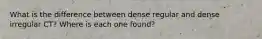 What is the difference between dense regular and dense irregular CT? Where is each one found?