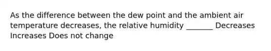 As the difference between the dew point and the ambient air temperature decreases, the relative humidity _______ Decreases Increases Does not change