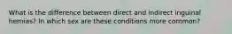 What is the difference between direct and indirect inguinal hernias? In which sex are these conditions more common?