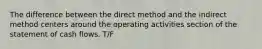 The difference between the direct method and the indirect method centers around the operating activities section of the statement of cash flows. T/F