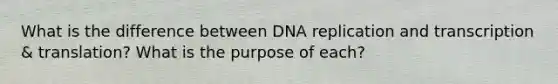 What is the difference between DNA replication and transcription & translation? What is the purpose of each?